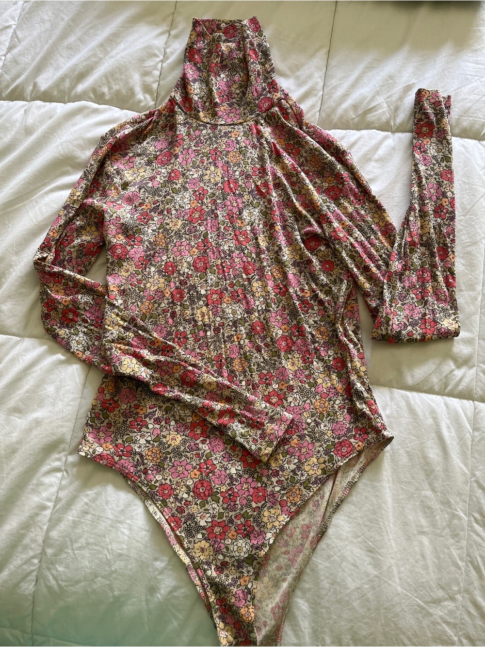H&M Floral Pink and Cream Long-Sleeve Turtleneck Bodysuit